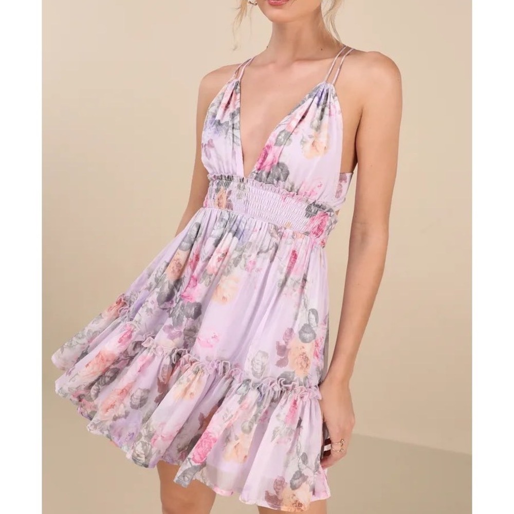 NWT Lulus Signature Sweetie Lilac Floral Smocked Tie-Back Mini Dress Small